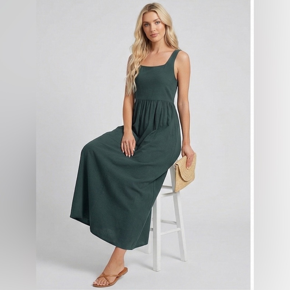Cotton Sleeveless Tank A- Line Dress Green - Picture 2 of 11
